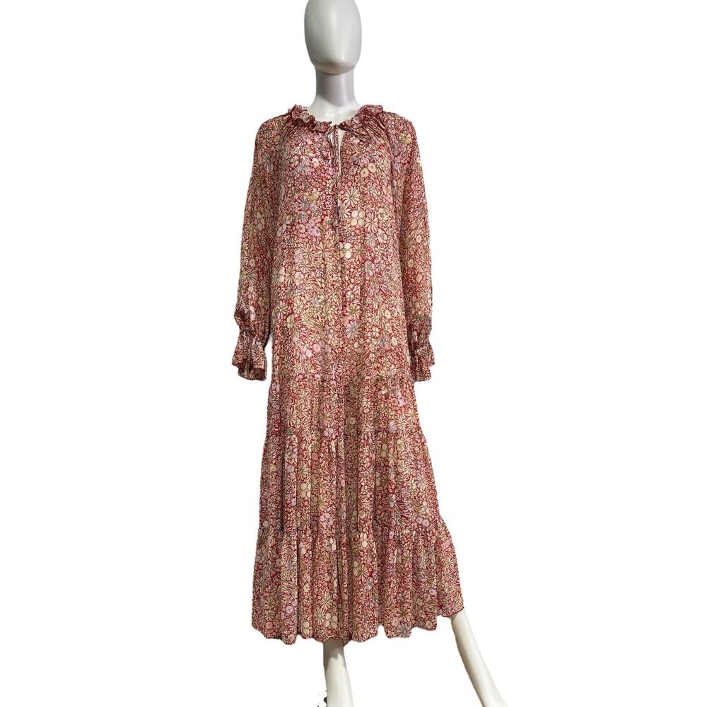 Free People Feeling Groovy Red Floral Sheer Long Sleeve Maxi Dress Large